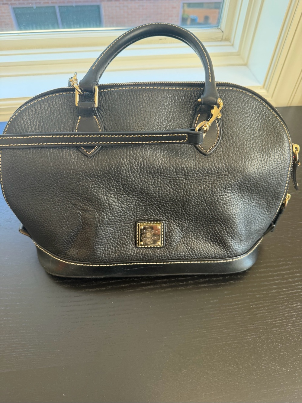 Dooney & Bourke Black Pebbled Leather Dome Satchel with Gold Hardware Red Lining